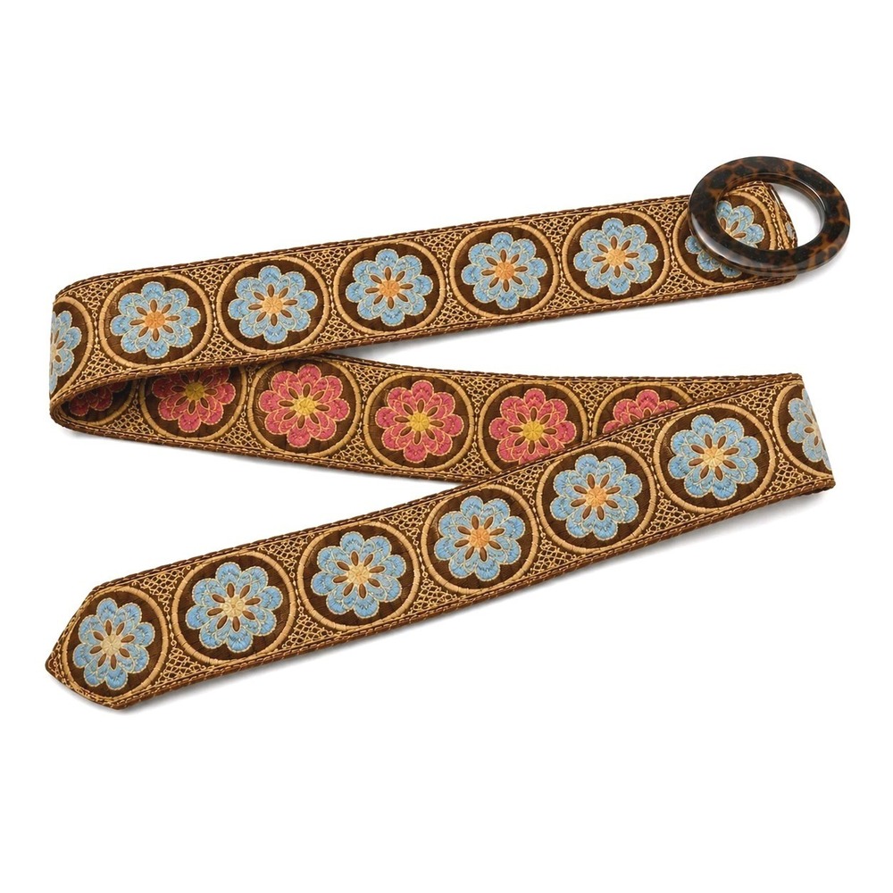 Hadley Pollet Reversible Boho Floral Fabric Belt Tortoise Buckle Pink Blue